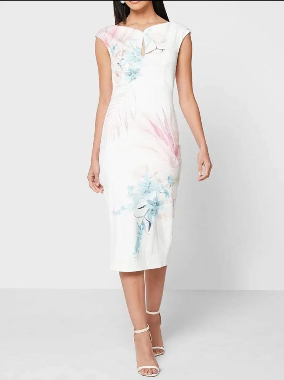 Ted Baker 5/14 Soozie Serendipity White Pink Floral Cal Sleeve Midi Pencil Dress